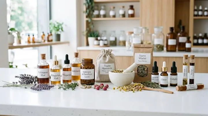 Différentes formes galéniques de phytothérapie disposées sur un comptoir de pharmacie