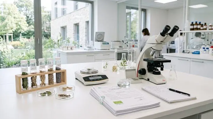Laboratoire de contrôle qualité avec échantillons de plantes médicinales et certifications