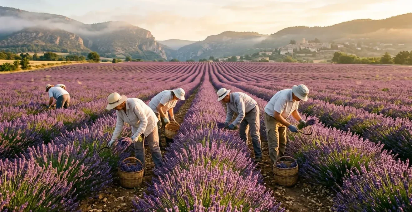 Récolteurs cueillant la lavande à la main dans un champ au lever du jour, avec les collines du Luberon en arrière-plan